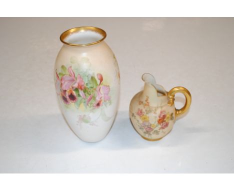 A Royal Worcester floral decorated jug AF and a Royal Doulton floral decorated vase
