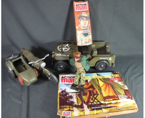 Collection of vintage Action Man figures and items to include: Special Operations Tent in original box by Palitoy; Action Man