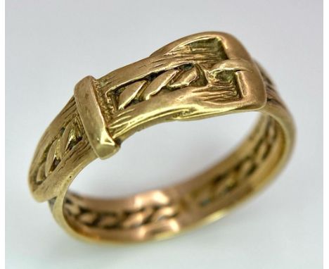 A Vintage 9K Yellow Gold Belt Buckle Ring. Size N. 2.9g weight.