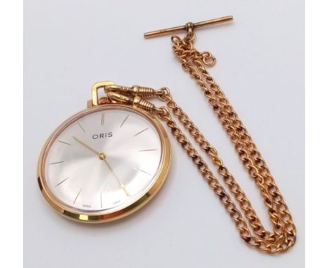 An Oris Gilded Pocket Watch and chain. Top winder. Silver tone dial. In working order. 44mm diameter. 