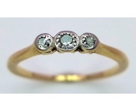 A VINTAGE 18K YELLOW GOLD &amp; PLATINUM SET WITH 3 STONE DIAMOND RING, WEIGHT 1.6G SIZE K, REF SC 4090 