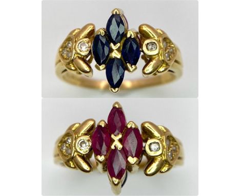 AN 18K GOLD SWIVEL TOP RING .YOU CAN CHOOSE TO SHOW SAPPHIRE OR RUBY BOTH COMPLIMENTED BY THE DIAMOND SHOLDERS, A UNIQUE YET 