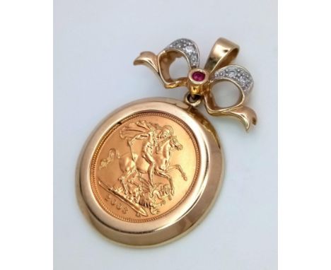 A 22K Gold 2003 Half Sovereign in a Ruby and Diamond Pendant Setting. 4cm. 9.73g total weight. 