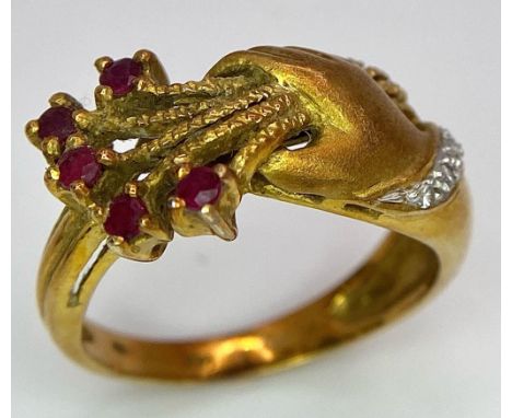 A Beautifully Designed Vintage 14K Rose Gold, Diamond and Ruby Bouquet Ring. Size L/M. 4.81g total weight. 