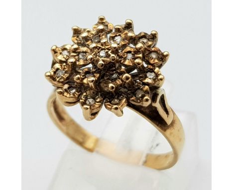 A Vintage 9K Yellow Gold White Stone Cluster Ring. Size L. 2.85g total weight. 