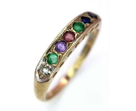 A VINTAGE 9K YELLOW GOLD DEAREST RING SET WITH DIAMOND, EMERALD, AMETHSYT, RUBY, EMERALD, SAPPHIRE AND TOURMALINE 1.5G SIZE M