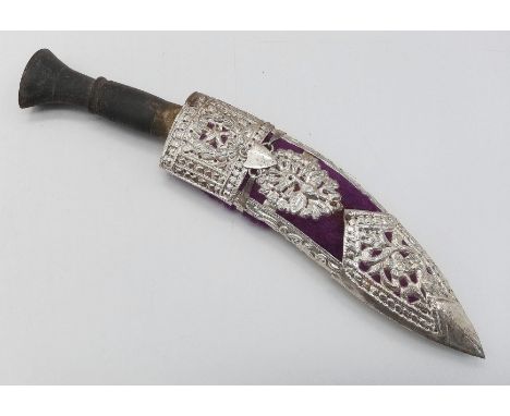 A Vintage and Scarce Nepalese ‘Kothamora’ Kukri Presentation Knife. Indian Silver Detailed Scabbard. 20cm Length 