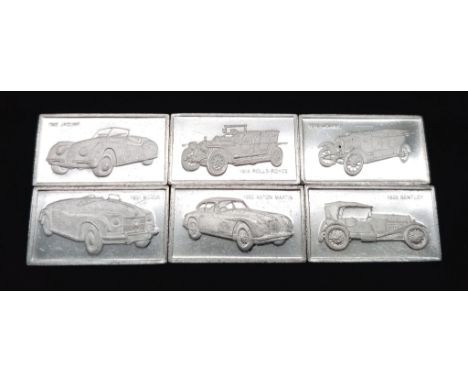 A SELECTION OF 6 STERLING SILVER BEST OF BRITISH CAR MANUFACTURERS MINI PLAQUES WITH LOGO AND CARS AND DATES BRANDS INCLUDE R