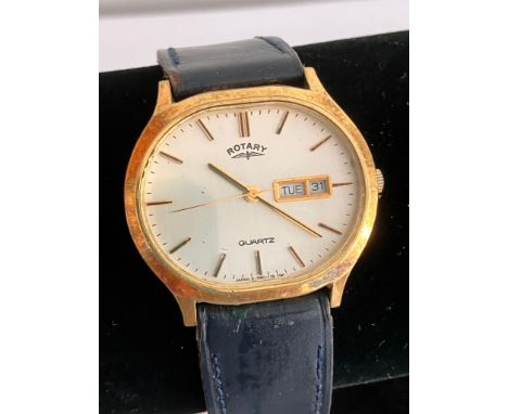 Gentlemans Vintage ROTARY WRISTWATCH. Day/Date Model 590114AB. Navy blue leather strap. Quartz movement. Full working order. 