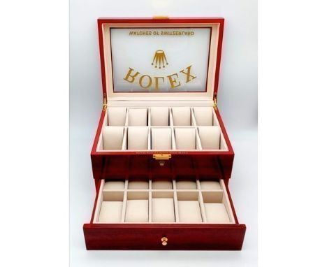 A Two-Tier Elite Watch Display Case - Perfect for Rolex Watches. 20 plush watch spaces on two levels. Latch opening upper lev