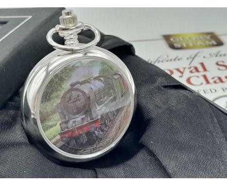 An Unused Silver Plated Manual Wind ‘Royal Scots Class 1927-65’ Steam Train Detailed Pocket Watch. 6cm Length. In Presentatio