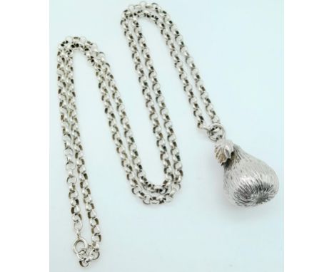 A vintage sterling silver  pear pendant on silver belcher chain. Total weight 22.9G. Total length 60cm. 