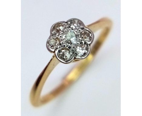 A VINTAGE 18K YELLOW GOLD  OLD CUT DIAMOND CLUSTER RING IN FLORAL DESIGN, WEIGHT 1.9G SIZE J, REF SC 4111 