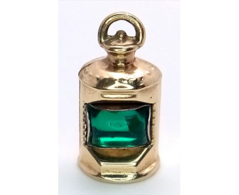 A Vintage 9K Yellow Gold Green Lantern Pendant/Charm. 2cm. 1.5g weight. 