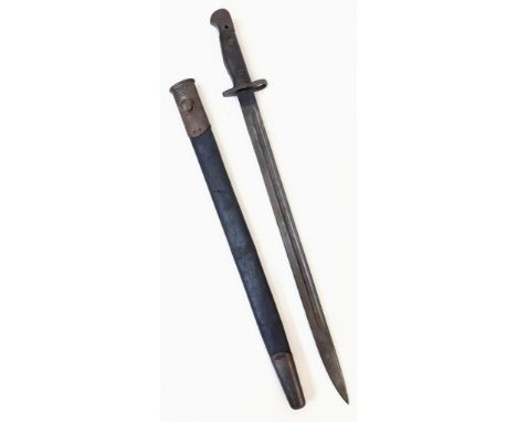 A WW1 Era Bayonet with Scabbard. Markings on blade. 57cm total length. Please see photos for conditions,