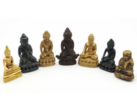 A Collection of Seven Vintage/Antique Gilded Metal, Brass and Bronze Buddha Figures. Tallest figure 4cm.