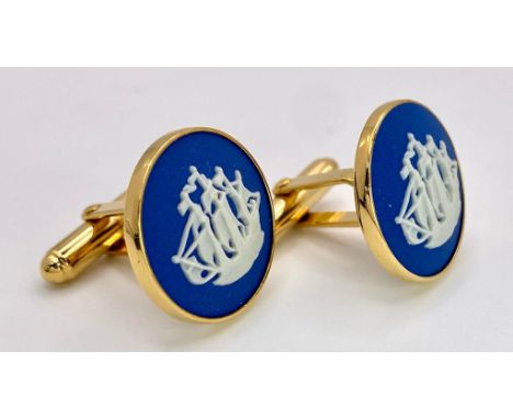 An Unworn Pair of Round Gold Tone Galleon Ship Blue Jasper Cufflinks by Wedgwood. 2cm Diameter in Their Wedgwood Presentation