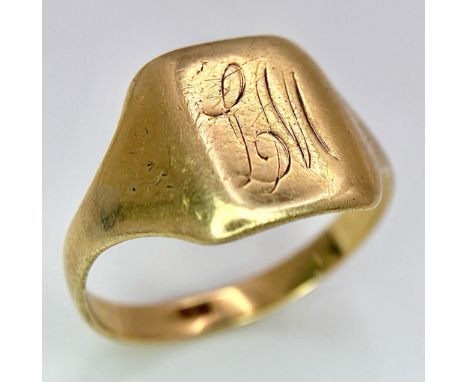 An Antique 9k Yellow Gold Monogram Signet Ring. Size P. 3.15g weight. 