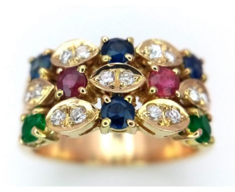 A 18K YELLOW GOLD DIAMOND, RUBY, SAPPHIRE & EMERALD SET RING 7.3G SIZE N 1/2ref: 6441 