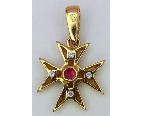 18K YELLOW GOLD RUBY SET PENDANT, WEIGHT 1GAND 17MM DROP APPOX, REF SC 4105 