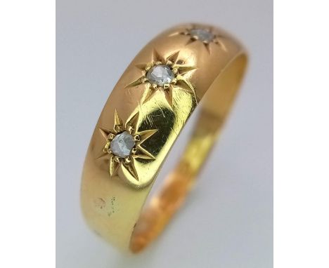 A VINTAGE 18K YELLOW GOLD  DIAMOND SET GYPSY STYLE RING, WEIGHT 1.5G SIZE O HALLMARKED CHESTER, REF SC 4096 