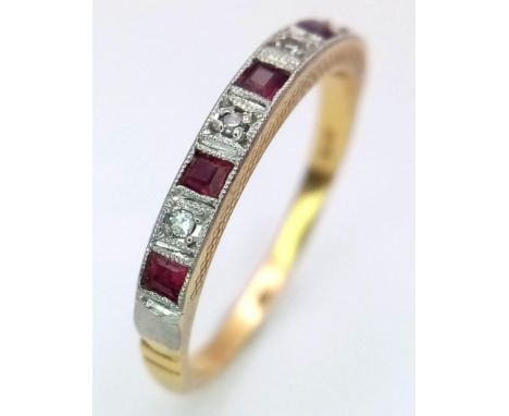 A VINTAGE 18K YELLOW GOLD &amp; PLATINUM WITH DIAMOND &amp; RUBY SET BAND RING, WEIGHT 2.4G SIZE N, REF SC 4093 