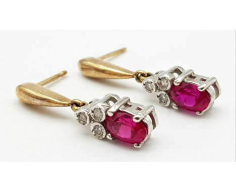 A 9K YELLOW GOLD DIAMOND & RED STONE DROP EARRINGS BELIEVED TO BE RUBY 2.3G 22mm drop.A/S 1025 