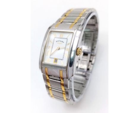 A Ladies ‘Tank Style’ Two Tone, Bi-Metal, Quartz Date Watch by Rotary. Model LB02243. 24mm Including Crown. Full Working Orde