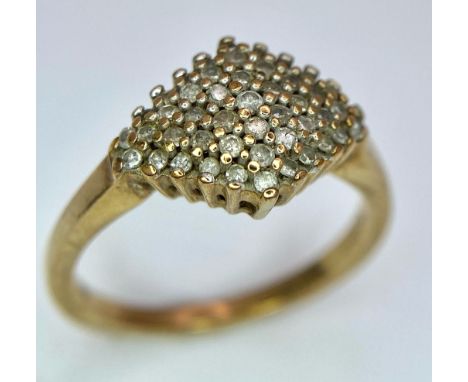 A Vintage 9K Yellow Gold Diamond Cluster Ring. Size J. 2.54g total weight. 