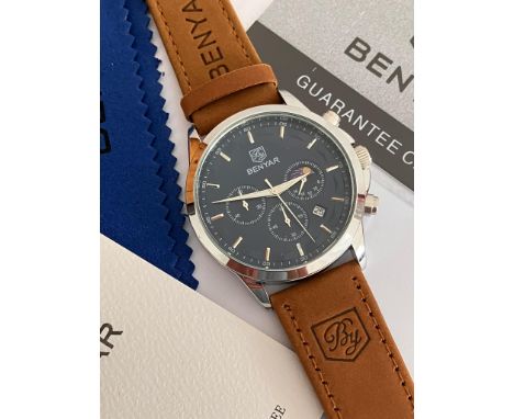 Gentlemans BENYAR CHRONOGRAPH. Moonphase model. Finished in stainless steel silver tone. Brown leather strap. Complete with o