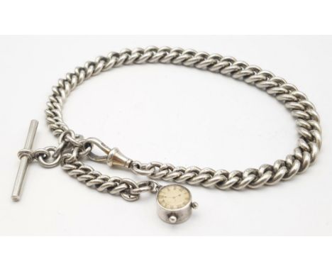 A VINTAGE STERLING SILVER ALBERT POCKET WATCH  CHAIN WITH T BAR AND ALSO A CUTE MINI CLOCK CHARM ATTACHED, INDIVIDUAL HALLMAR