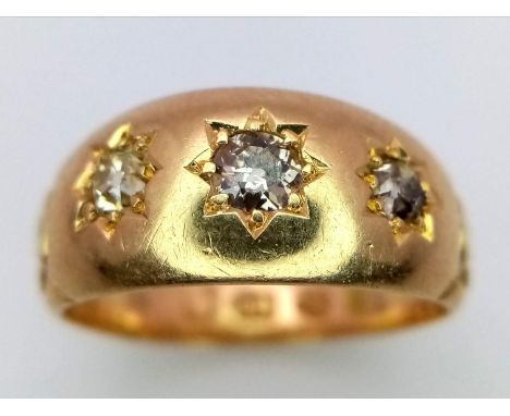 AN 18K YELLOW GOLD ANTIQUE 3 STONE OLD CUT DIAMOND RING. 0.35CT. 5.7G SIZE M HALMARKED CHESTER 1882 