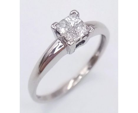 A 9K WHITE GOLD PRINCESS CUT 0.40CT DIAMOND RING. TOTAL WEIGHT 1.7G. SIZE N 