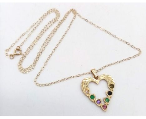 A 9K yellow gold 'DEAREST' heart necklace set with diamond, emeralds, amethyst, ruby, sapphire and tourmaline, 1.5g, 18" belc