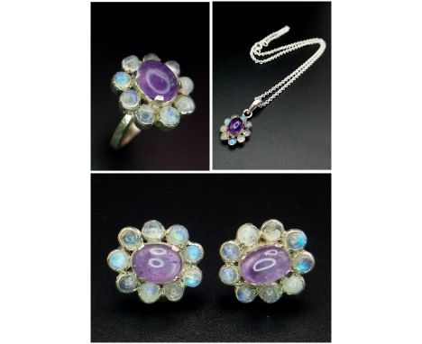 An Amethyst &amp; Moonstone Jewellery Suite: Ring - Size O. Pendant with 925 Silver Chain and a Pair of Earrings. All amethys
