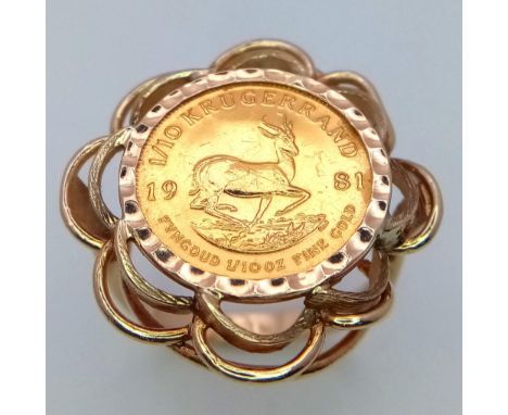 A 1/10 Ounce Krugerrand Ring 1981 - Set in 9K Gold. Size Q. 6.76g total weight. 