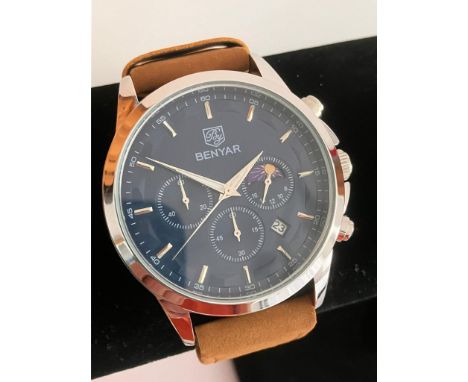 Gentlemans BENYAR CHRONOGRAPH, Moonphase model Finished in stainless steel with brown leather strap. Complete with original b