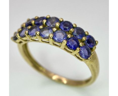 A Vintage 9K Yellow Gold Amethyst Two-Row Ring. 14 amethysts. Size R. 2.32g total weight.