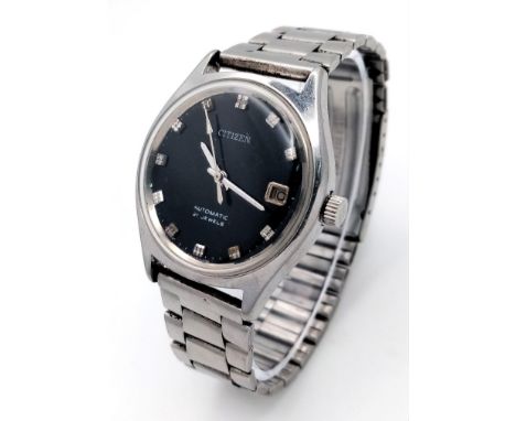 A Vintage Citizen Automatic 21 Jewels Gents Watch. Stainless steel bracelet and case - 35mm. Black dial with date window. In 