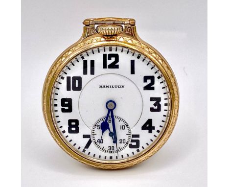 A 1930 Hamilton Railroad Model 2 10K Gold Filled Pocket Watch. 21 jewel. 2559692 movement. Top winder. White dial with second