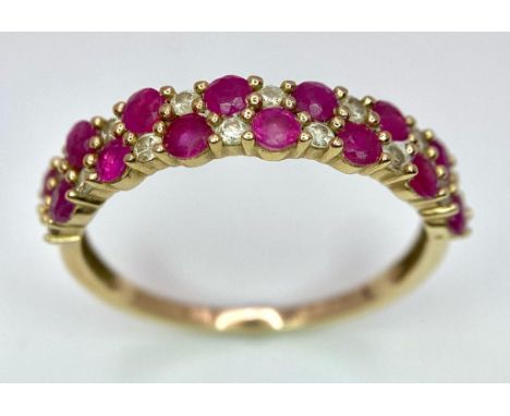 A 9K YELLOW GOLD DIAMOND & RUBY 2 ROW RING 0.20CT DIAMONDS 1.9G SIZE Rref: 7039 