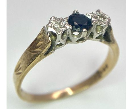 A Vintage 9K Yellow Gold Diamond and Sapphire Ring. Size R. 2.6g total weight. 