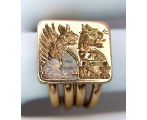 A Vintage 9K Yellow Gold Four Band Signet Ring with Chinese Decoration. Size M. 9.55g weight. Ref: 016036 