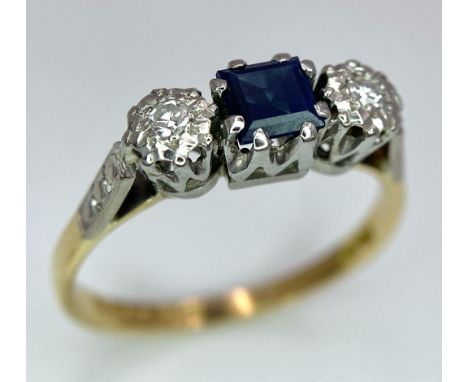 A VINTAGE 18K YELLOW GOLD &amp; PLATINUM SET DIAMOND &amp; SAPPHIRE TRILOGY RING, WEIGHT 3G SIZE O, REF SC 4110 