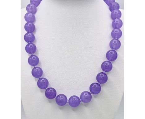 A Vibrant Large Lavender Jade Bead Necklace. 14mm beads. 42cm necklace length. 