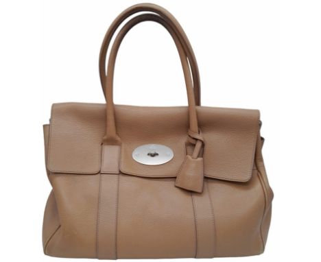 A Mulberry Light Brown Grained Leather Bayswater Satchel Bag. Silver Tone Hardware, A Turn Lock on the Flap, Two Rolled Leath