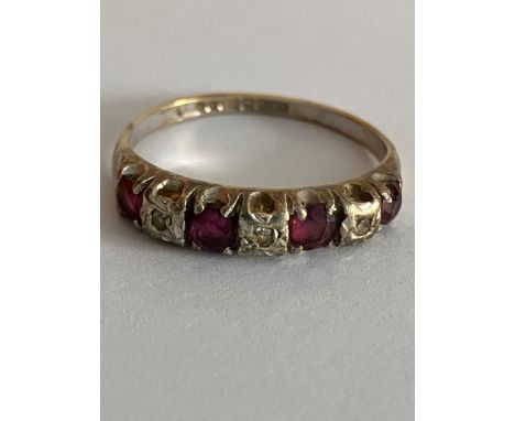 Vintage 9 carat GOLD, RUBY and DIAMOND RING. Full UK hallmark. Complete with ring box. 2.2 grams. Size P 1/2. 