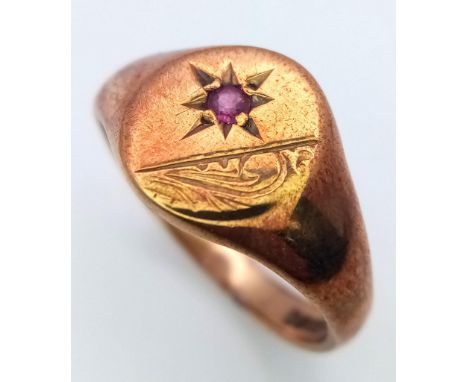 A Vintage 9K Rose Gold Ruby Signet Ring. Size M. 3.31g weight. 