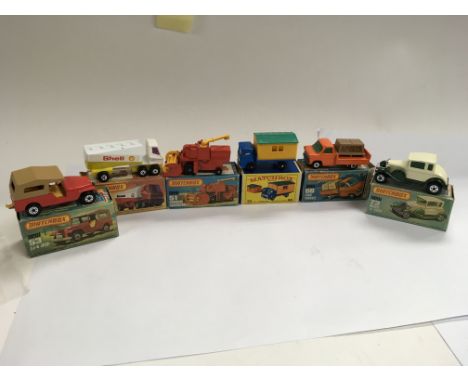 Matchbox boxed Diecast including a  CJ 6 Jeep 53, Gas tanker 63, Combine Harvester 51, Truck with site office 66, Model A For