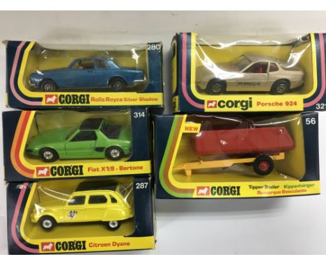 Corgi toys boxed Rolls Royce silver shadow 280, Porsche 924 321, Fiat X1/9- Bertone 314, Tipper trailer 56, Citroen Duane 287